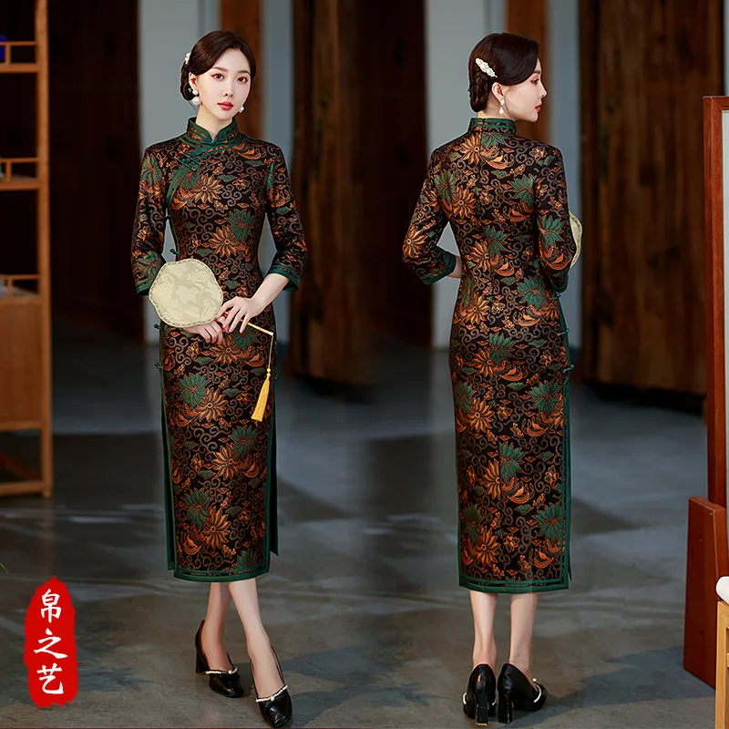 

Fashion Chinese Dress Women Casual Qipao Long Slim Dresses Sexy Split Cheongsams Vintage Slip Button Mandarin Collar Vestidos