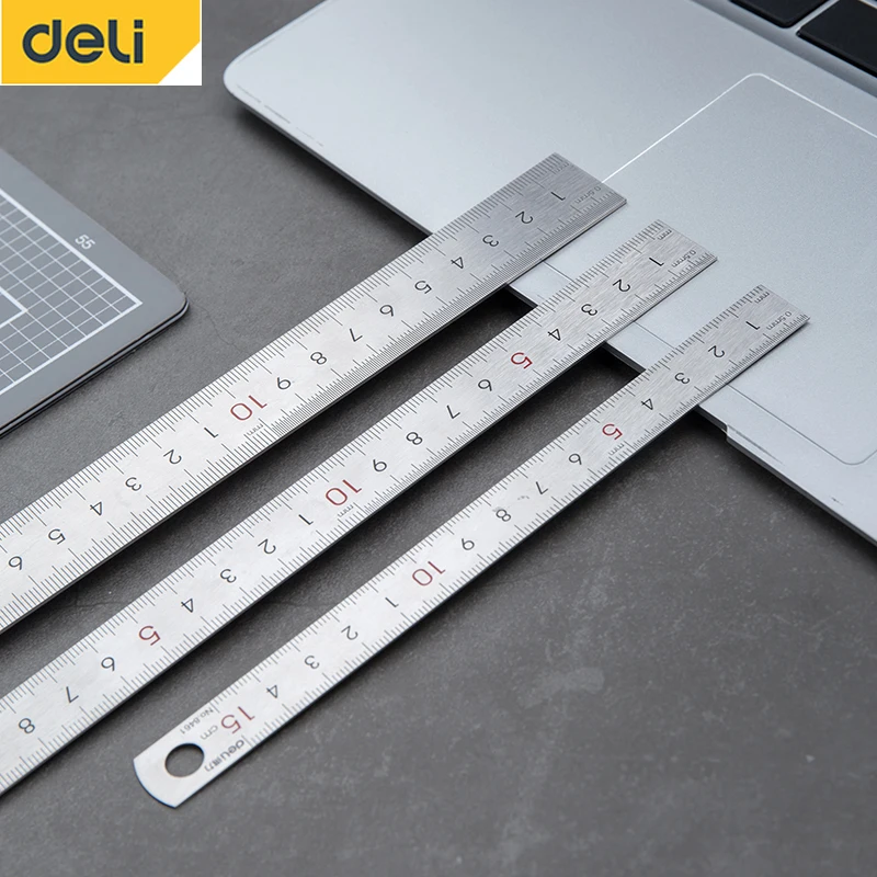 DELI Stainless Steel Straight Ruler Precision 15-30CM Flat Thick Metal Measuring Scale Tools Office Supplies