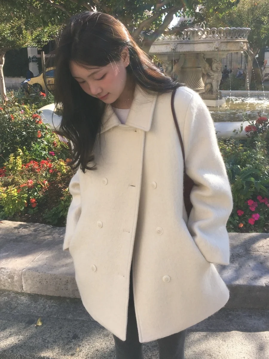 

Корейское осенне-зимнее элегантное нежное возрастное двухрядное пальто с лацканами и пуговицами или хлопковое шерстяное пальто