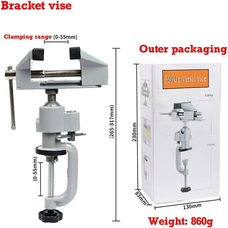 Table Screwdriver with 360° Swivel Head 7/6 Cm Bench Clamp with Rubberized Jaws for Universal Woodworking Drilling M