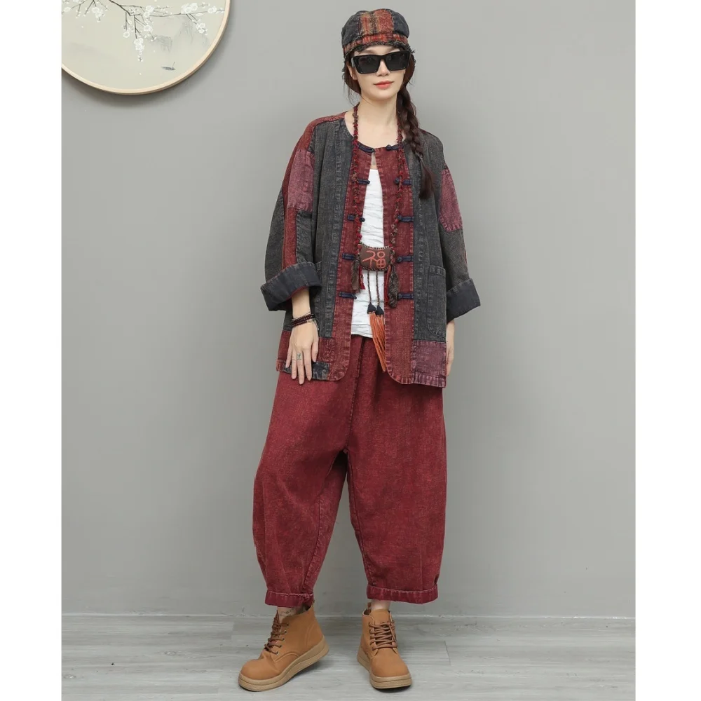 

Artistic Cotton Linen Suit Women 2026 Spring Loose Color Block Chinese Style Buttoned Jacket + Loose Pants Two Piece Set XY107