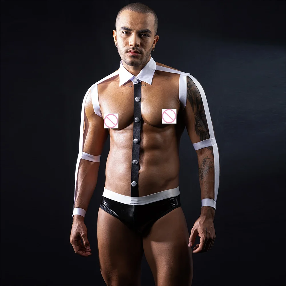 2025 Wholesale Men's Sexy See-through Lingerie Underwear Male Hormone PU Cosplay Police Uniform Night Club Party Outfit