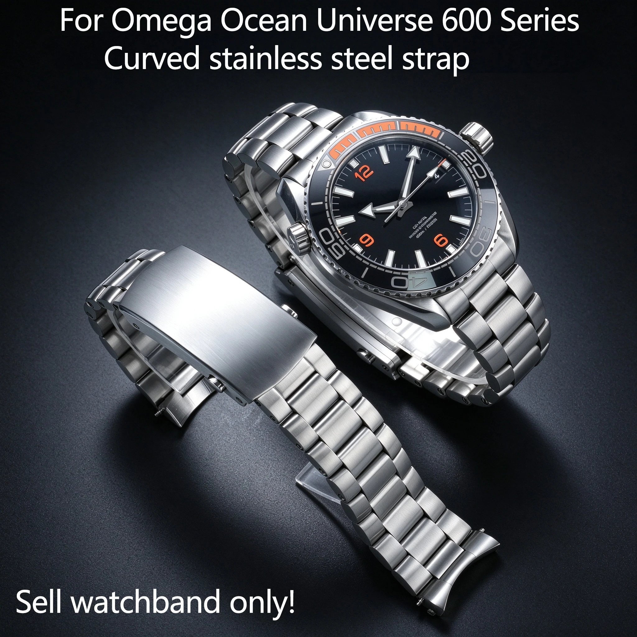 For Omega 600 Series Ocean Universe Quarter Orange Curved Stainless Steel Watch band  21mm Strap Bracelet, Adjustable Buckle