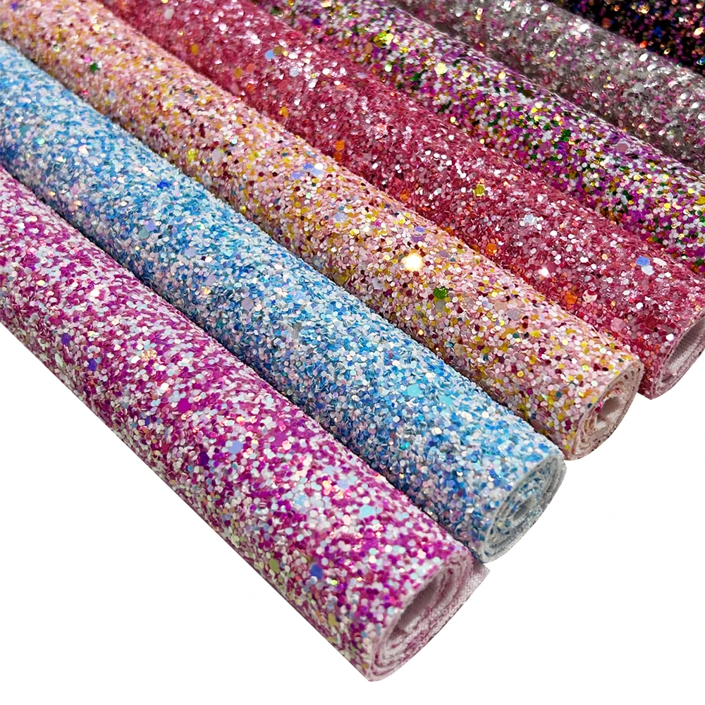 QIBU 22x30cm Colorful Chunky Glitter Fabric Shiny Sequin Faux Leather sheets for Crafts Decor DIY Hairbow Wall Paper Accessories