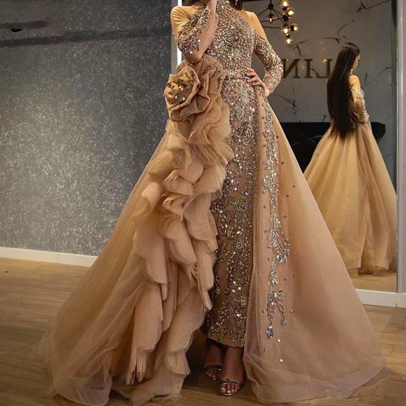 

2024 Luxury Mermaid Prom Dresses With Detachable Train High Neck Long Sleeve Ruffles BlingblinBeaded Evening Gowns For Womens