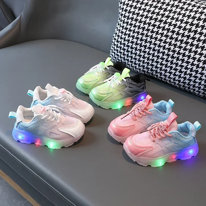 2025 Child Sport Shoes Spring Luminous Fashion Breathable Kids Boys Net Shoes Girls LED Sneakers with Light Running Shoes