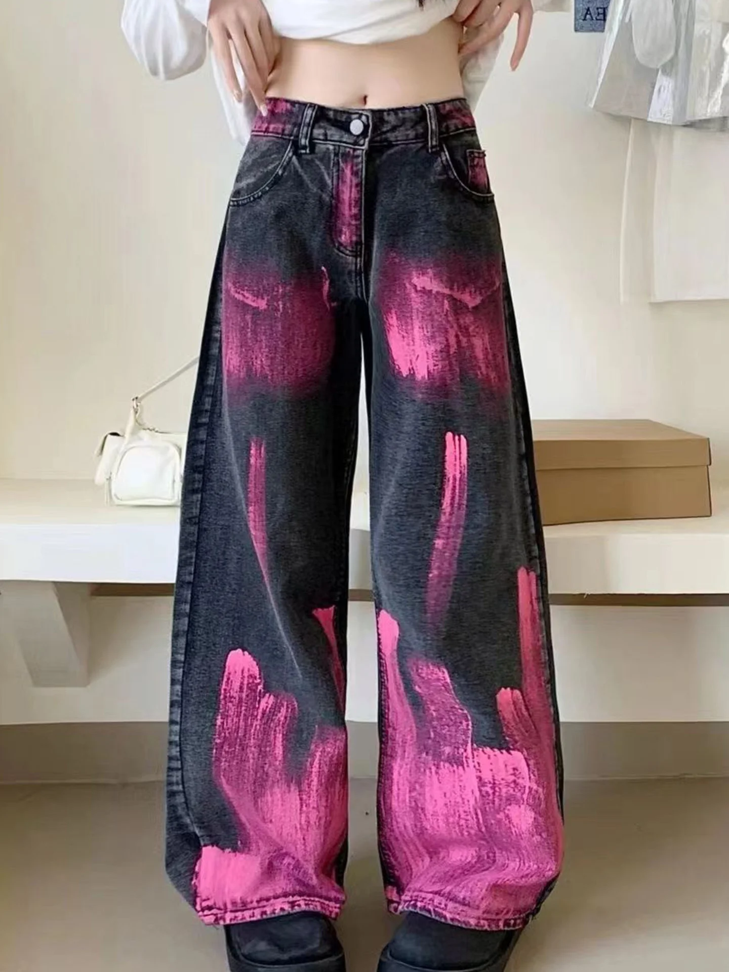 

American Sle High Waist Tie Dye Floor Length Women's Jeans Loose Wide Leg Pants Casual Comfortable Blue Denim Jeans