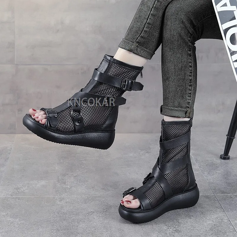 Summer 2022 New Genuine Leather Sandals Women\'s Hollow Mesh Breathable High-top Wedge Heel Thick-soled Fish Mouth Sandals
