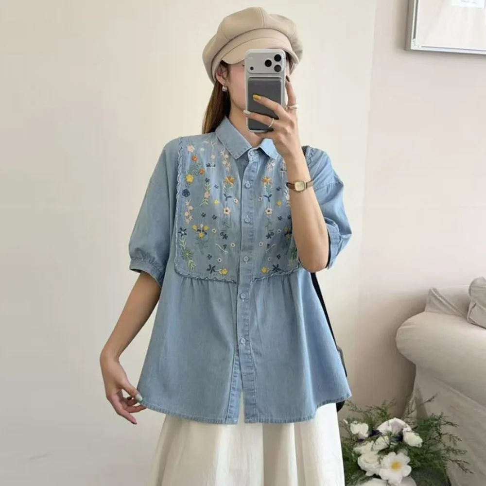 

Japanese Mori Girl Vintage Floral Embroidery Denim Shirts Women Summer Turn Down Collar Short Sleeve Casual Loose Blouse Tops