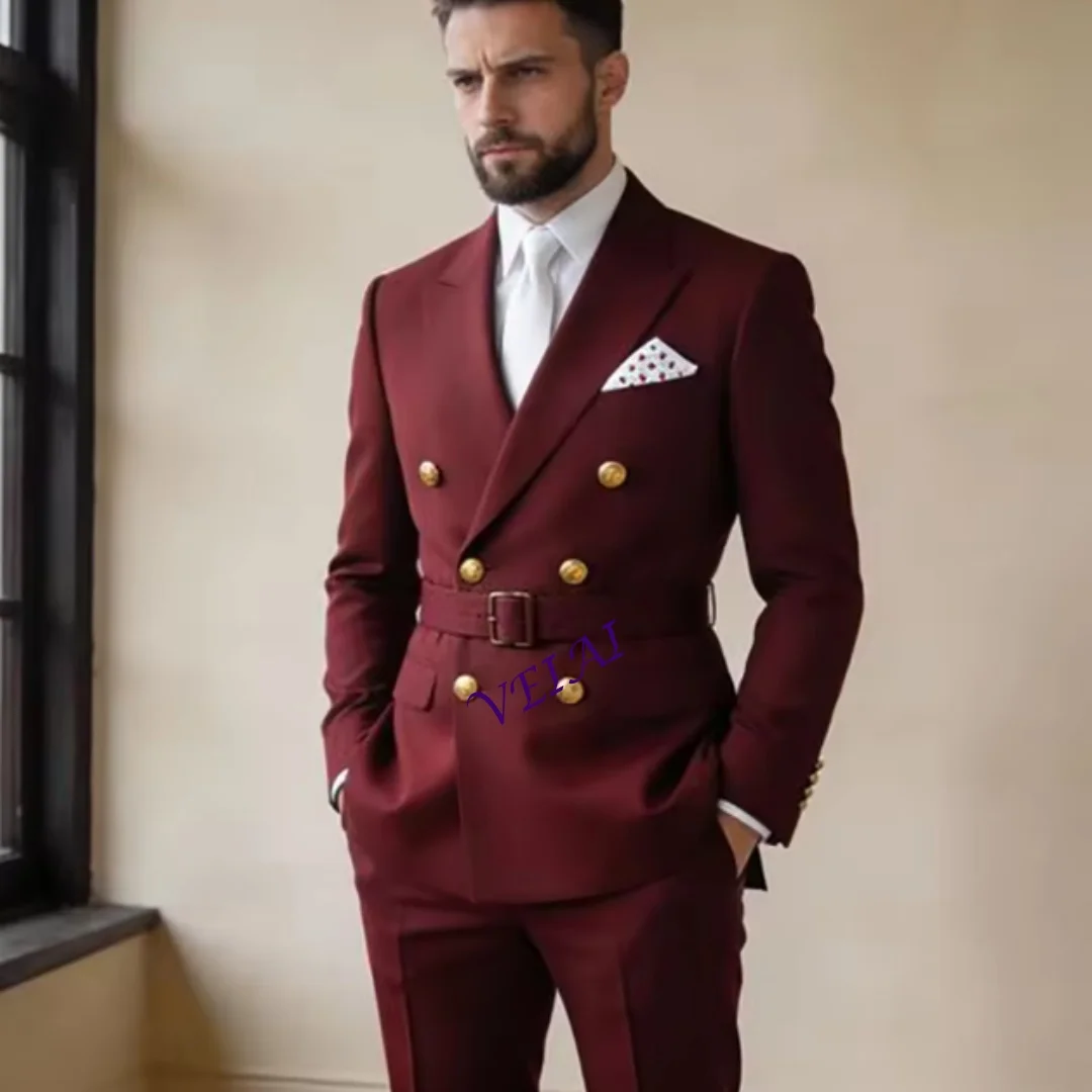 

CustomizedFashion Men's Suits 2026 High Quality Double Breasted Peak Lapel Blazer Elegant Skinny Groomsmen Belt 2 Piece Jacket P
