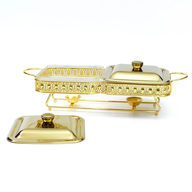1.8L Double Food Warmer Buffet Golden Silver Wedding Chafing Dish Stainless Steel Glass Serving Dish Hot Pot Small Chafing Dish