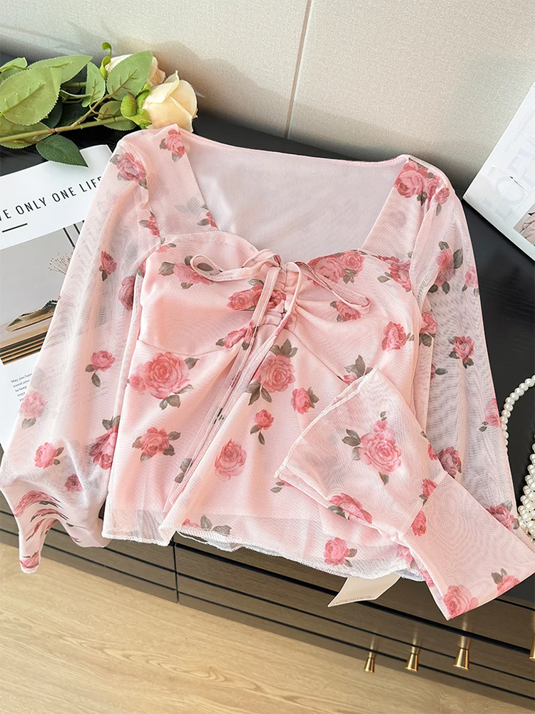 Spring Summer Women Floral Tulles Shirts Sweet Cute Square Collar Flare Long Sleeve Pink Tops Slim Female Blouse