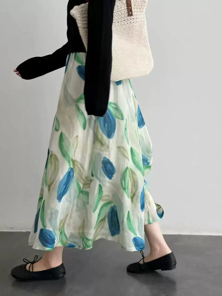 

Retro Printed Graffiti Cotton Linen Half Skirt Women's Loose Slimming Midi A-Line Skirt Summer New Style Casual High Waist