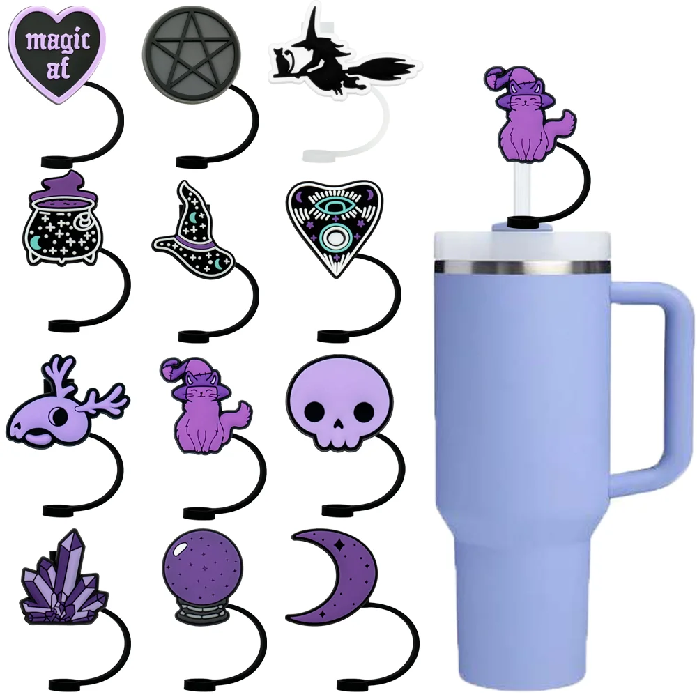 

1-12PCS Silicone Magic Purple Straw Toppers for Cup,Witches Cat Moon Skull 10mm Straw Covers Cap Dustproof Drinkware Tips Party