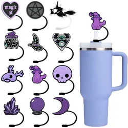 1-12PCS Silicone Magic Purple Straw Toppers for Cup,Witches Cat Moon Skull 10mm Straw Covers Cap Dustproof Drinkware Tips Party