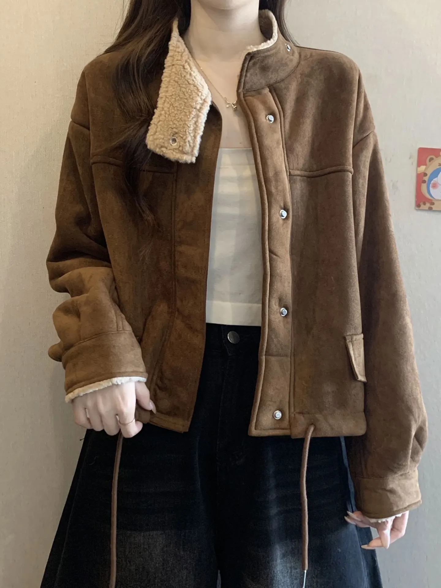 

Ретро-куртка из овечьей шерсти для женщин, короткая, зимняя, больших размеров, с замшевыми вставками, в корейском стиле, для повседневной носки