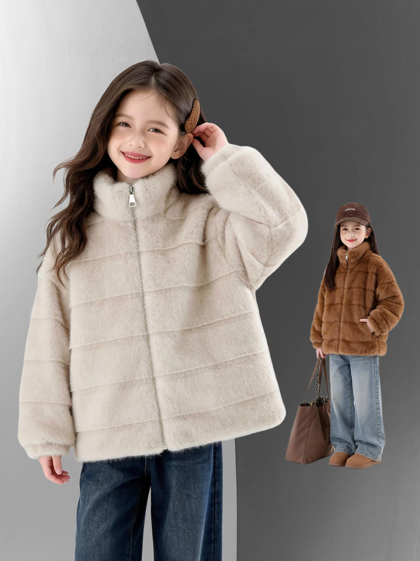 New Soft Faux Fur Coat For Girls Fashion Stand Collar Baby Girl Winter Coat Outerwears Solid Fur Jacket Kid Thick Winter Jacket