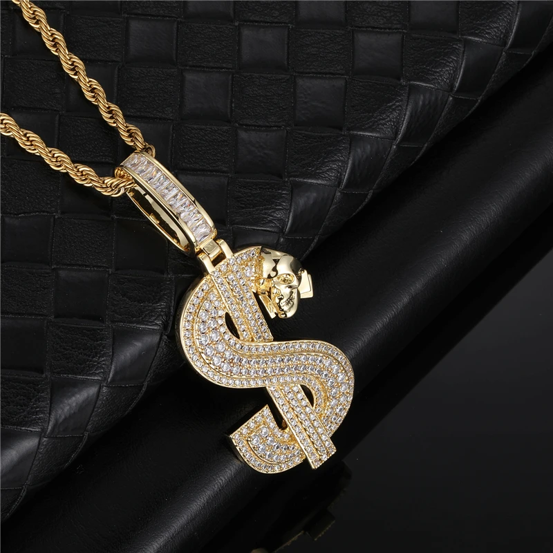 D&Z New US Dollar Symbol Pendant Solid Back Iced Out AAA Cubic Zircon Stones Hip Hop Gold Silver Color Charm Chains Jewelry Gift