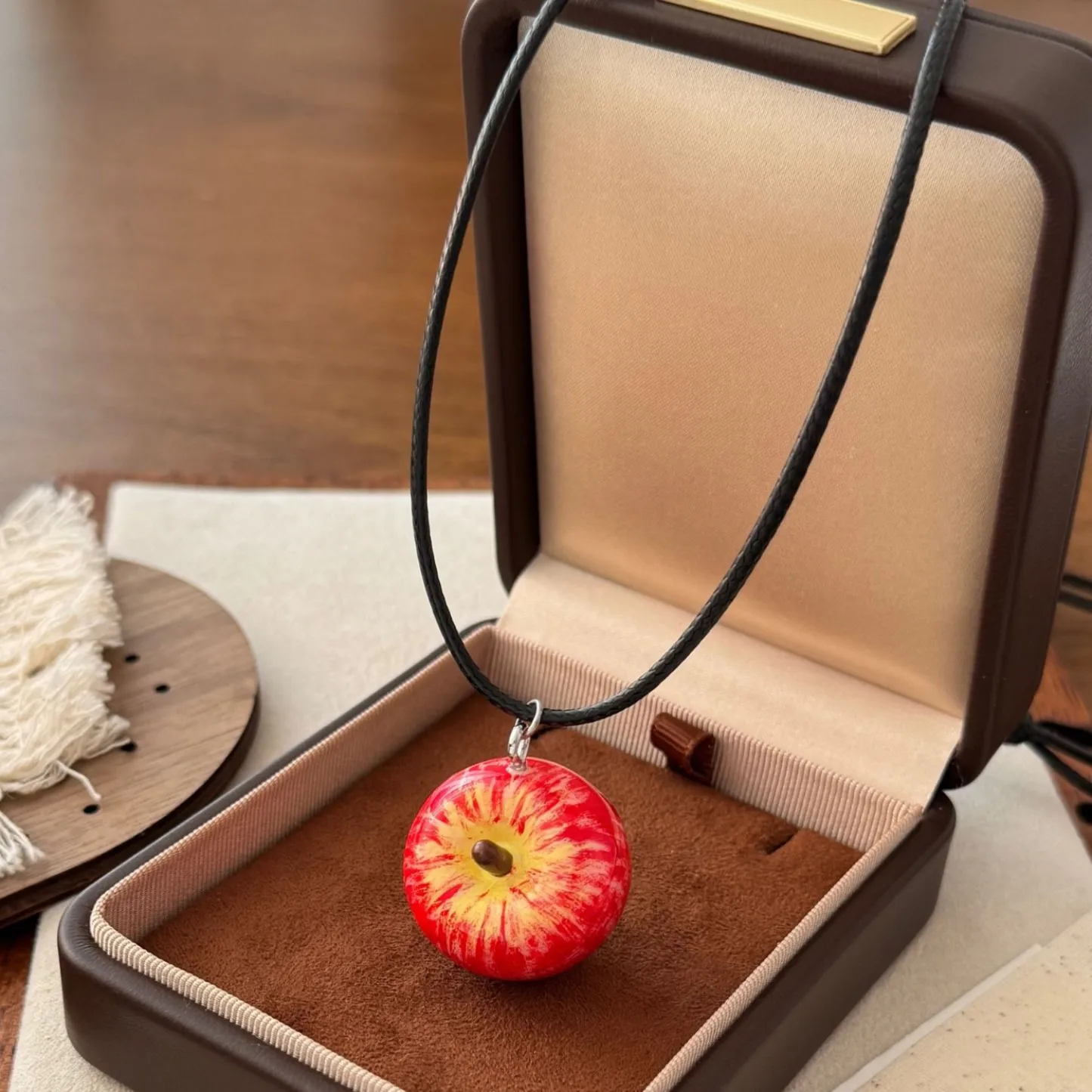 

Luxury Apple Pendant Necklace for Women | Fun Faux Leather Cord Sweater Chain Chic Unique Designer Collarbone Jewelry