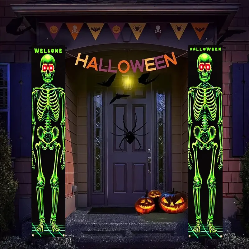 1 Paar 2D Flache Fluoreszierende Farbige Halloween Totenkopf Willkommensbanner-Set Polyester Couplet Halloween Party Dekoration Türbanner