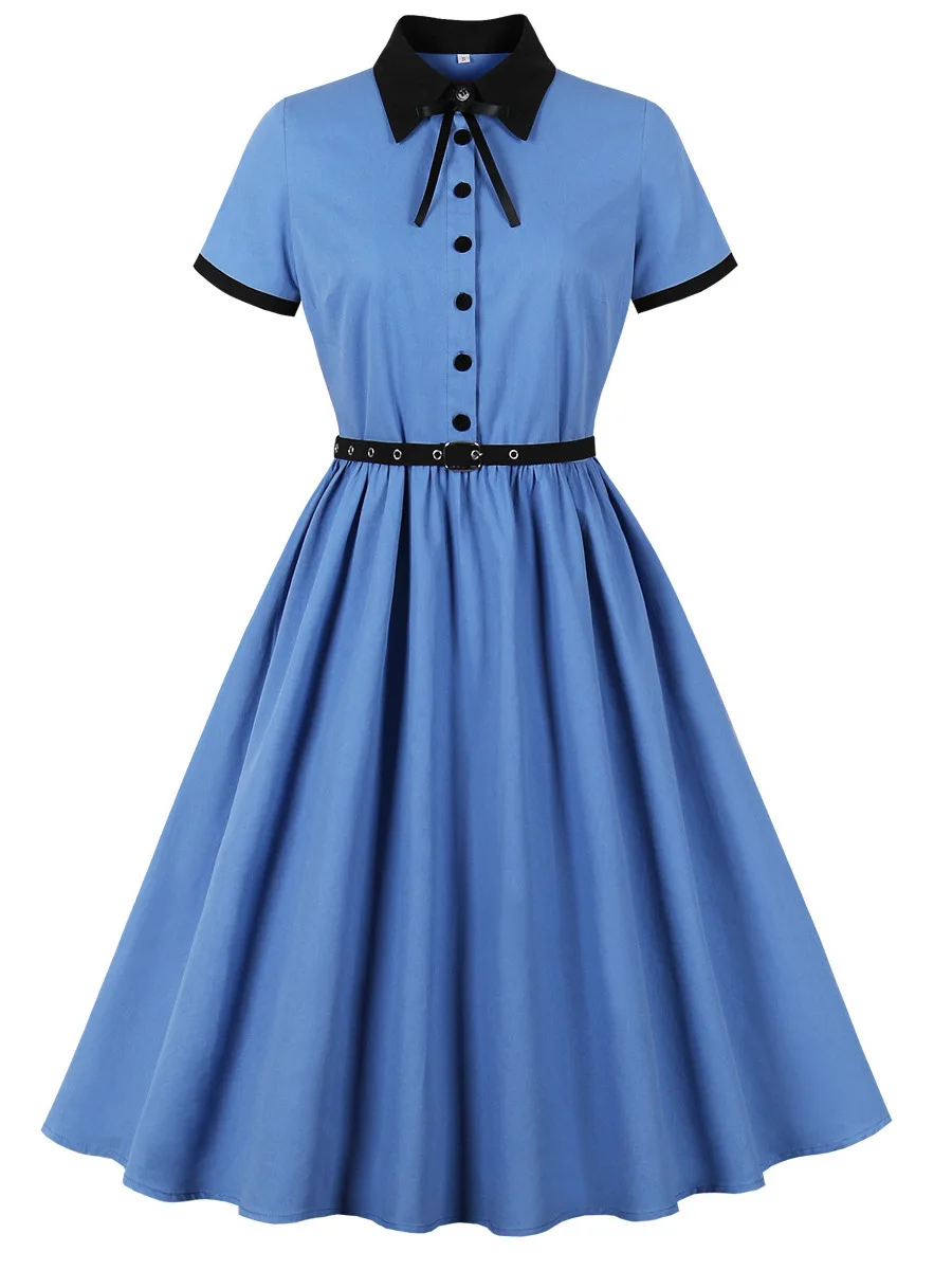 

Vintage Women Casual Shirt Dress Summer Sweet Pink Rockabilly Flare Tea Sundress Swing Pinup Midi Vestidos