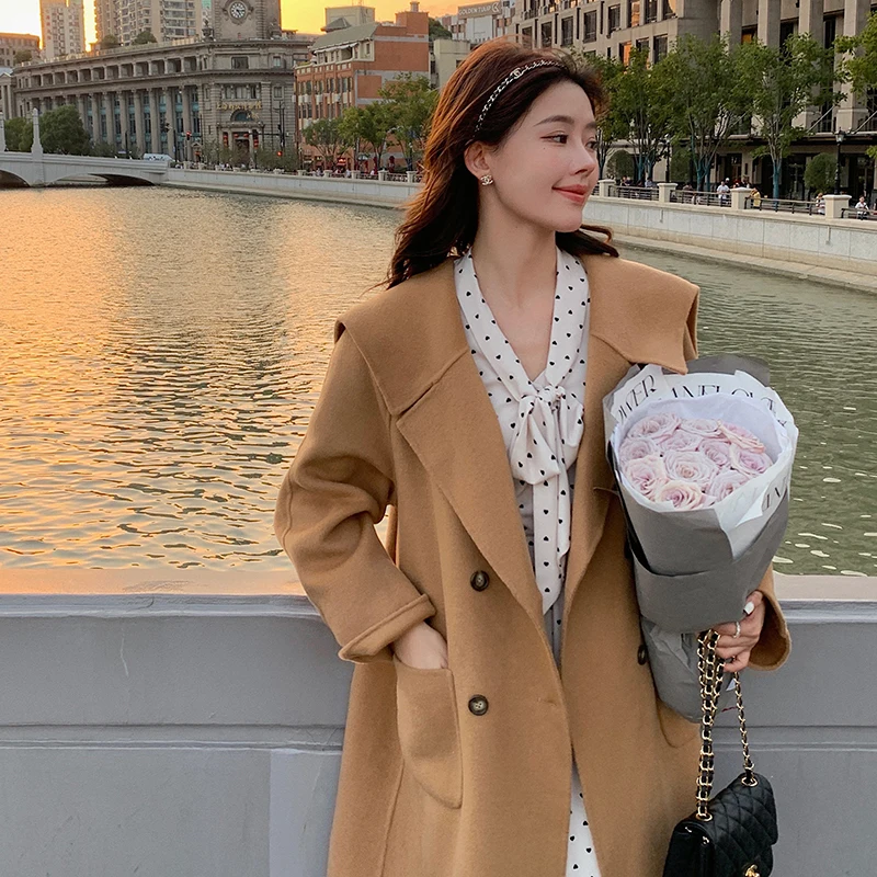 

Yang Xiaolei 00% Wool Double-Faced Woolen Coat Women's Autumn Winter Medium-Length Double-Breasted Camel Color Outerwear