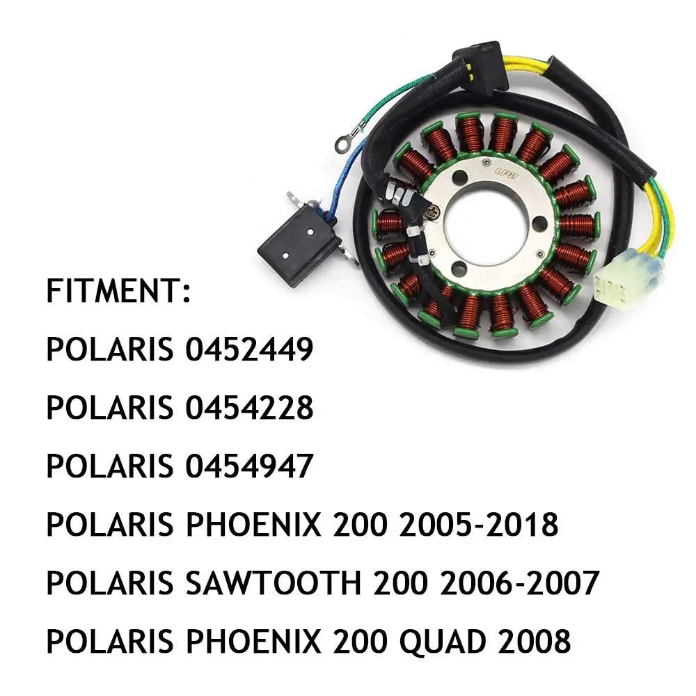 

Stator coil 0452449 0454228 0454947 Stator coil for Polaris Phoenix 200 2005-2018 Stator coil for Polaris Sawtooth 200 2006-2007