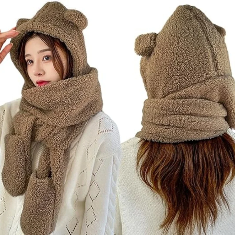 SIMPLEJEWEL™ Women Cute Bear Hoodie Hat Scarf Gloves Set 3-in-1 Earflap Fleece Hat Plush Warm Winter Hat image 4