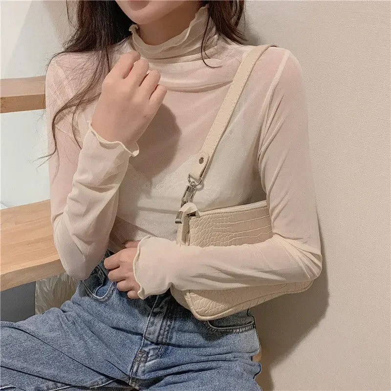 High Neck Sheer Mesh Top Women Clothing Long Sleeve Turtleneck T-shirt Korean Sexy See Through Black White Pink Purple Shirt New