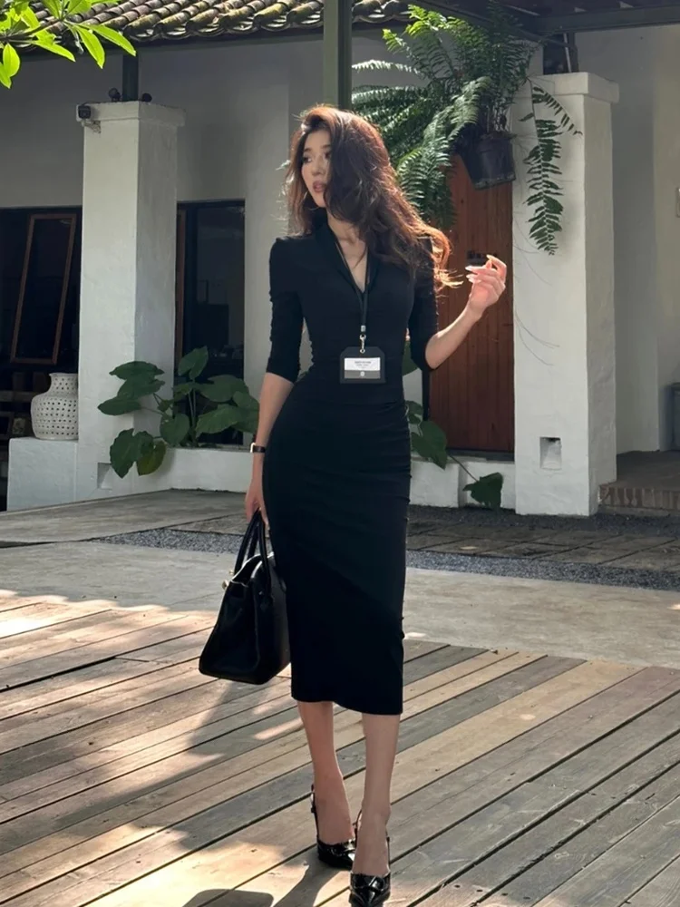 

XZY Sexy Slimming V-Ne Long Sve Dr for plus Size Women Casual Sle Polyester Fiber Autumn Season Bodycon Skirt