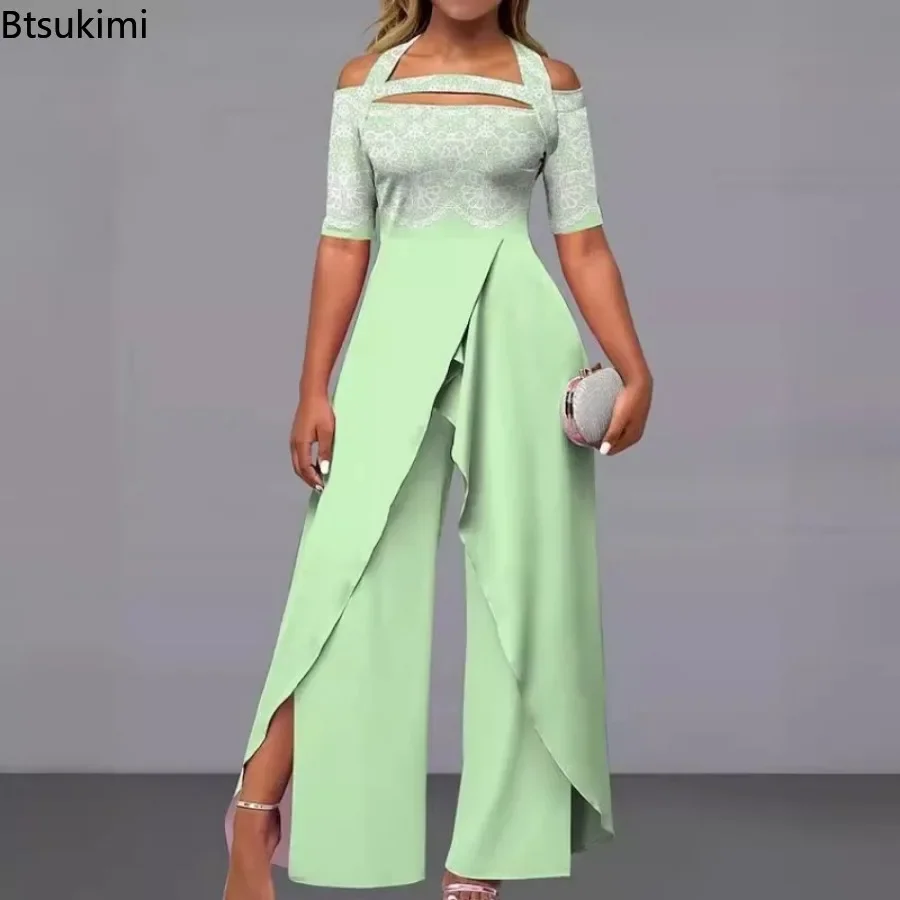 Eleganckie kombinezony dla kobiet 2024 Summer Sexy Off Shoulder Print High Wait Slim Fit Wide Leg Rompers Fashion Party Overalls Femme