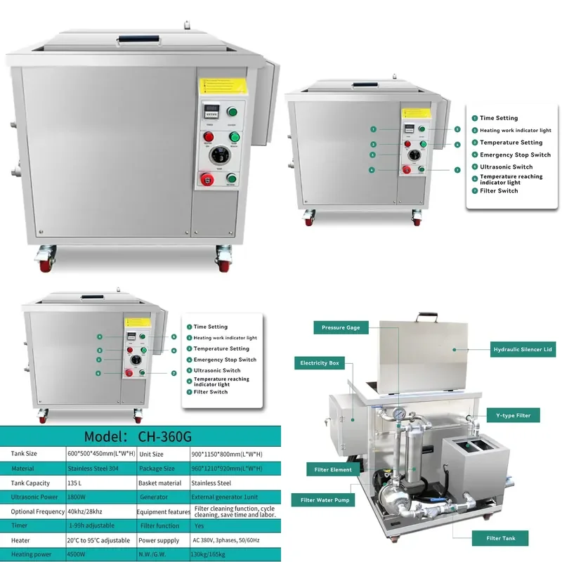 135L Ultrasonic Cleaner with Oil Filtration System DPF Engine Filterable for Automotive Parts Hardware Industry