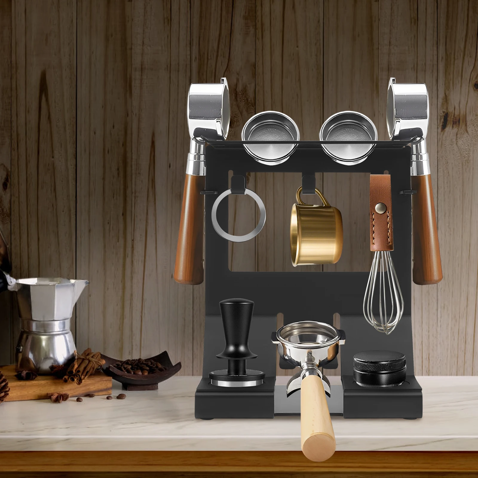 Multifunktionales Kaffee-Ausrüstungs-Aufbewahrungsregal 58mm Schwarzes Metall-Tamper-Station Kaffee-Tamper- und Verteiler-Organizer-Ständer mit Haken Stabile Basis für Kaffeebar, Küche, Café,