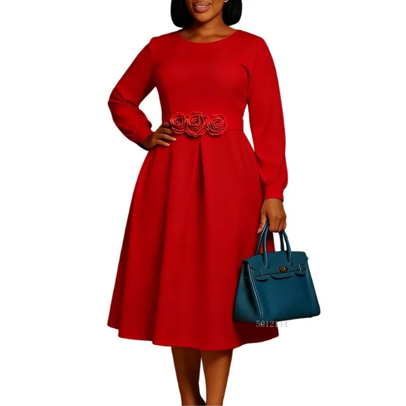 جديد الخريف الشتاء أزياء المرأة الأفريقية طويلة الأكمام س الرقبة البوليستر عالية الخصر حزب مساء ميدي اللباس Dashiki فساتين الأفريقية