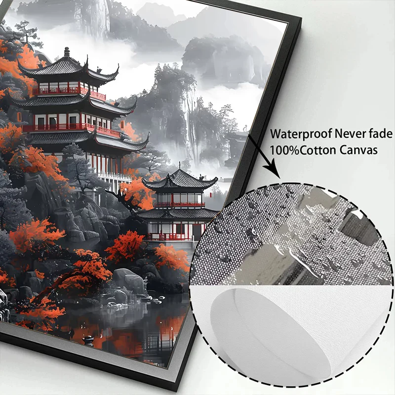 Samurai Warrior Red Moon Canvas Painting Japanese Natural Landscape Mountain Temple Posters Vintage Wall Art Prints Home Decor - view 6