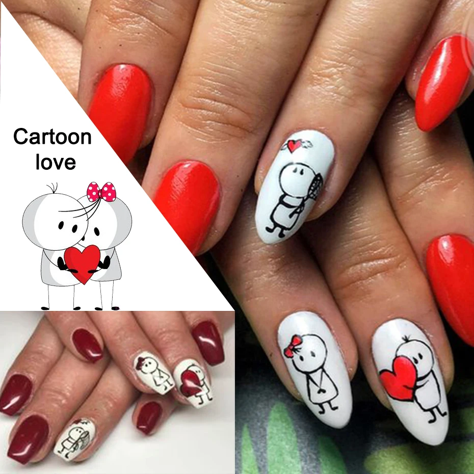 3D Love Valentine Nail Sticker Cartoon Cute Couple Lover Sliders Red Lips Heart Design Wrap Nails Art Manicure Decoration BEF106