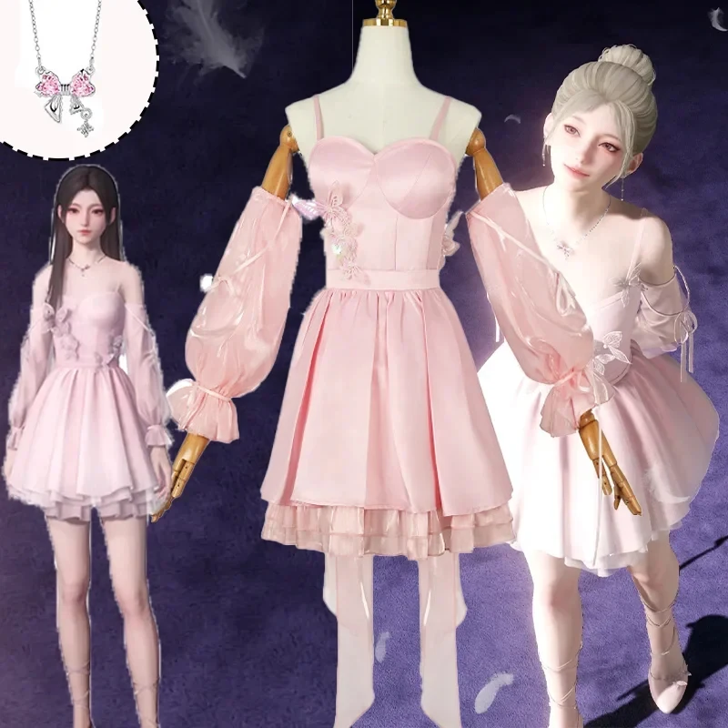 

ABC123CosplayGame Love and Deepspace Cosplay Hunter Girl Mc Costume Pink Dress Necklace Full Set Uniform Role Play Sui3'd,5;h.9/