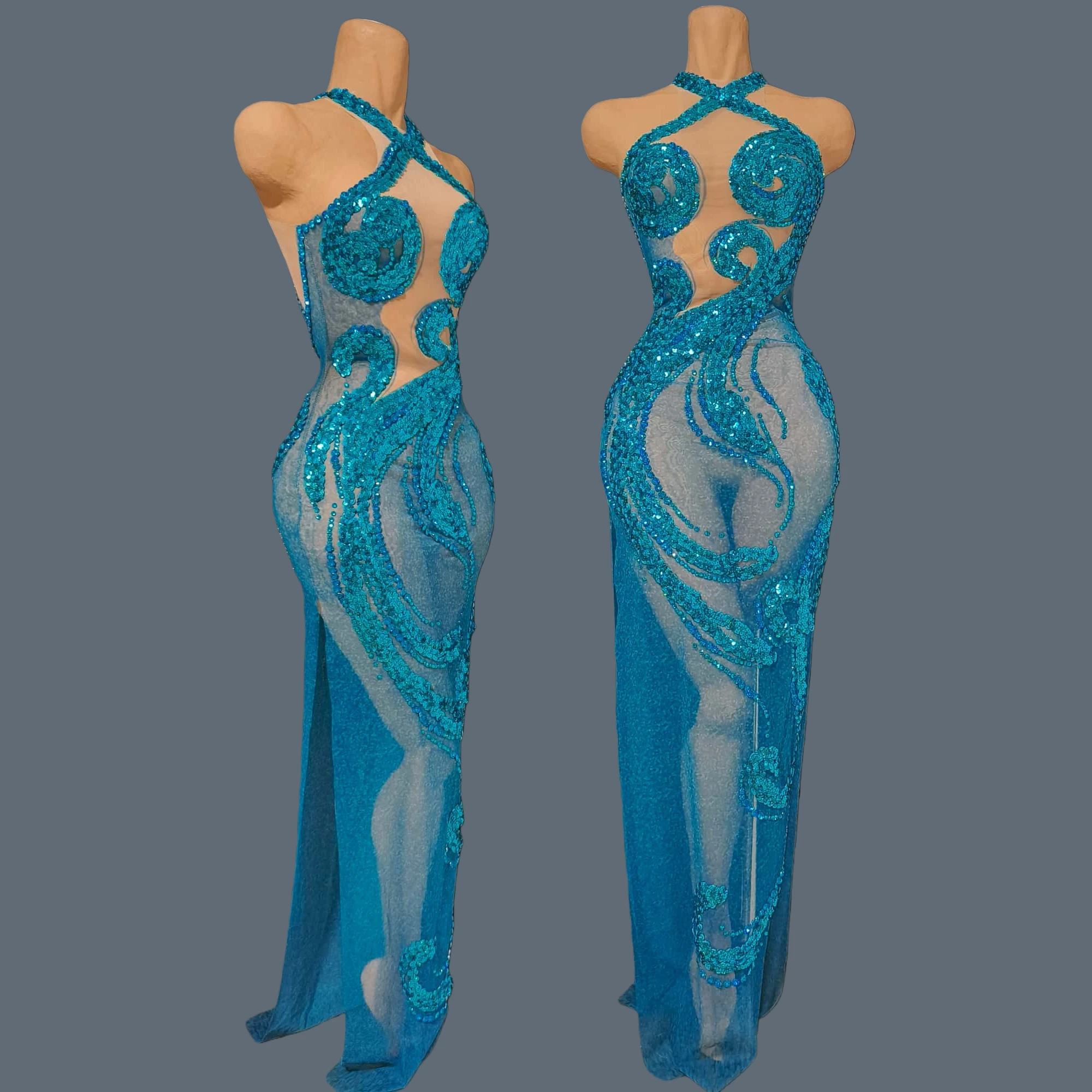 

Blue Elegant Sequins Crystals Sparkly Long Dress Sexy Women High Side Slits Dance Wear Dress Event gig Stage Show Outfit Botao