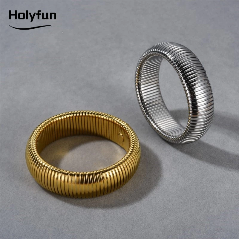 Waterproof Stainless Steel Retro Elasticity Thick Metal Polish Bracelet 18K Gold Plated Trend Fashion Unisex Jewelry Men Women