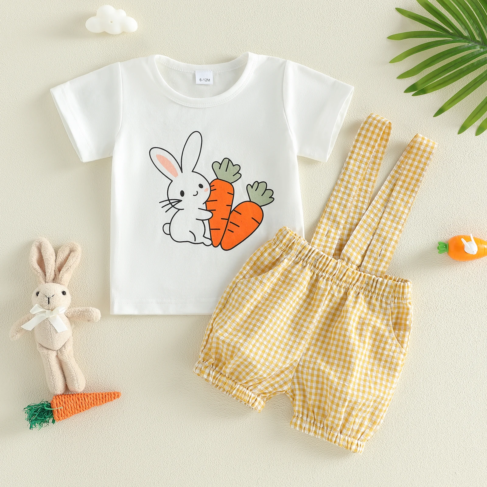 Infant Baby Easter Clothing Set Fashionable Cute Short Sleeve Bunny Printed Tops with Plaid Suspender Shorts 2Pcs Outfit