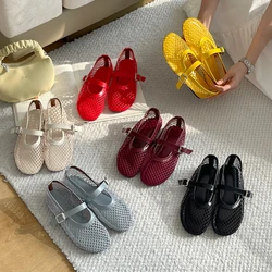 Red Flat Shoes Women Low Heel Pumps Summer Mesh Mary Jane Shoes Comfort Ballet Flats Big Size 42 43 Summer Ladies Buckle Shoes