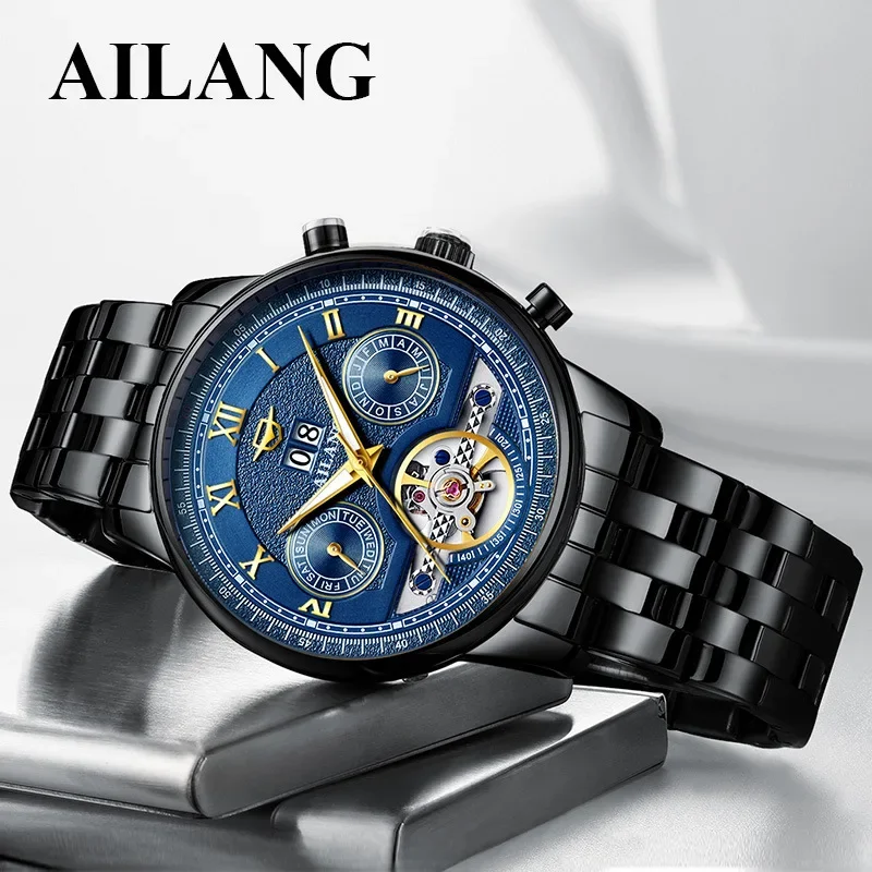 

AILANG New Fashion Mens Mechanical Watch Stainless Steel Waterproof Luminous Luxury Tourbillon Watches Men Relogio Masculino