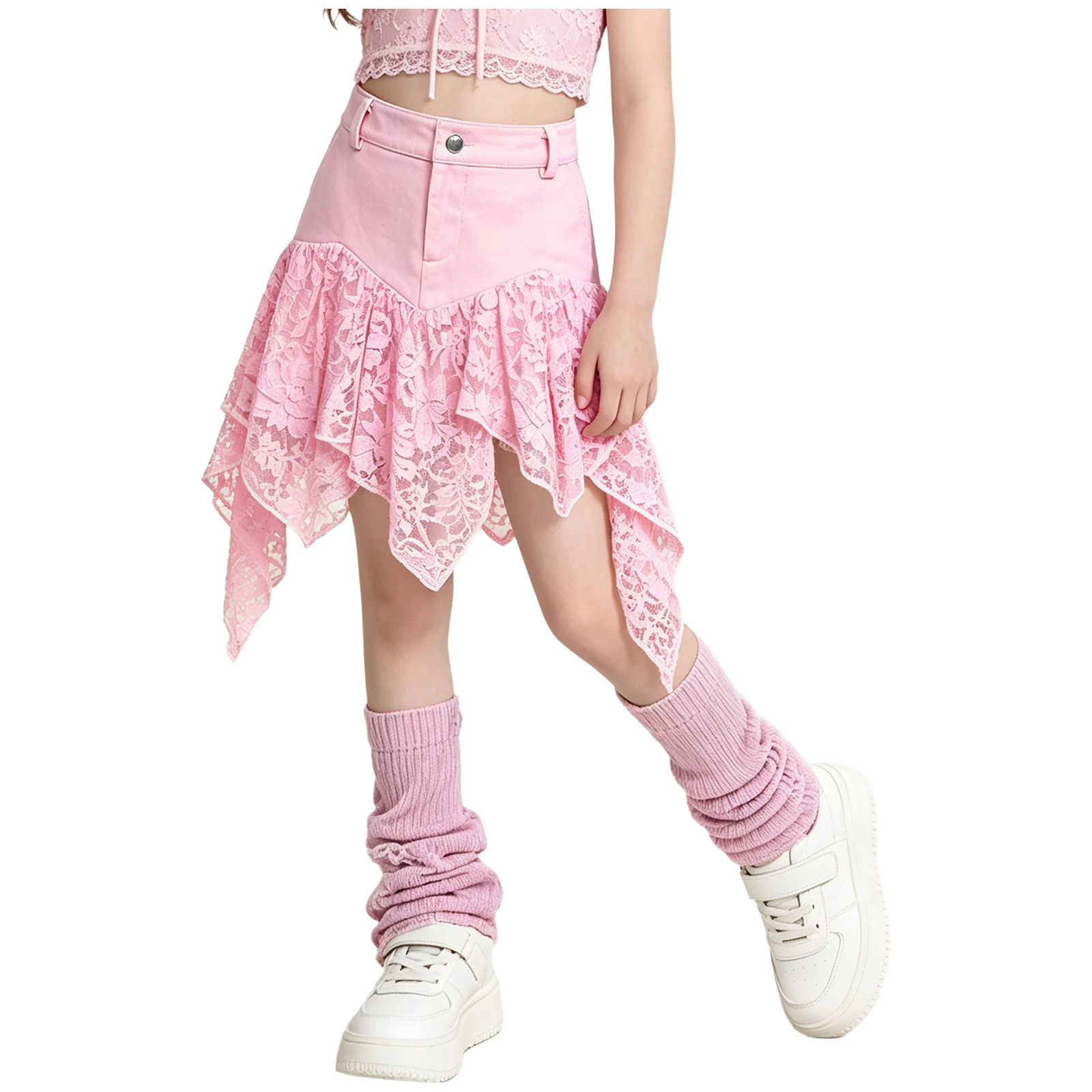 Girls High Waist Ruffled Layered Skirt Button Closure Floral Lace Spliced Irregular Asymmetrical Hem Button Zipper Short Skirt
