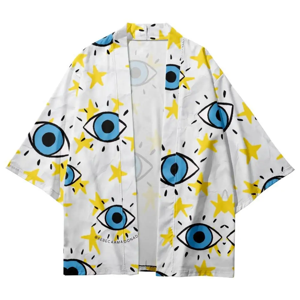 Summer Casual Loose Couple Women Men Haori Yukata Cartoon Star Eye Printed White Kimono Beach Shorts Streetwear Cardigan