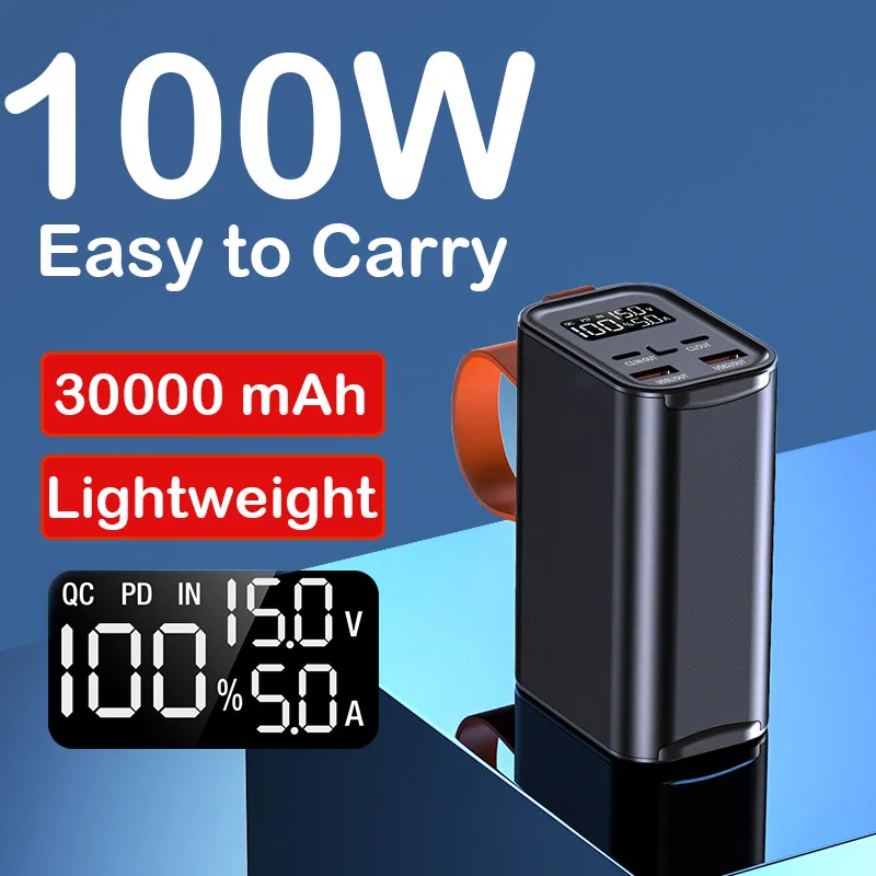 휴대용 LED 충전식 랜턴, 비상 야외 캠핑 램프, 휴대폰 노트북용 손전등, USB C 보조베터리, 30000mAh, 100W