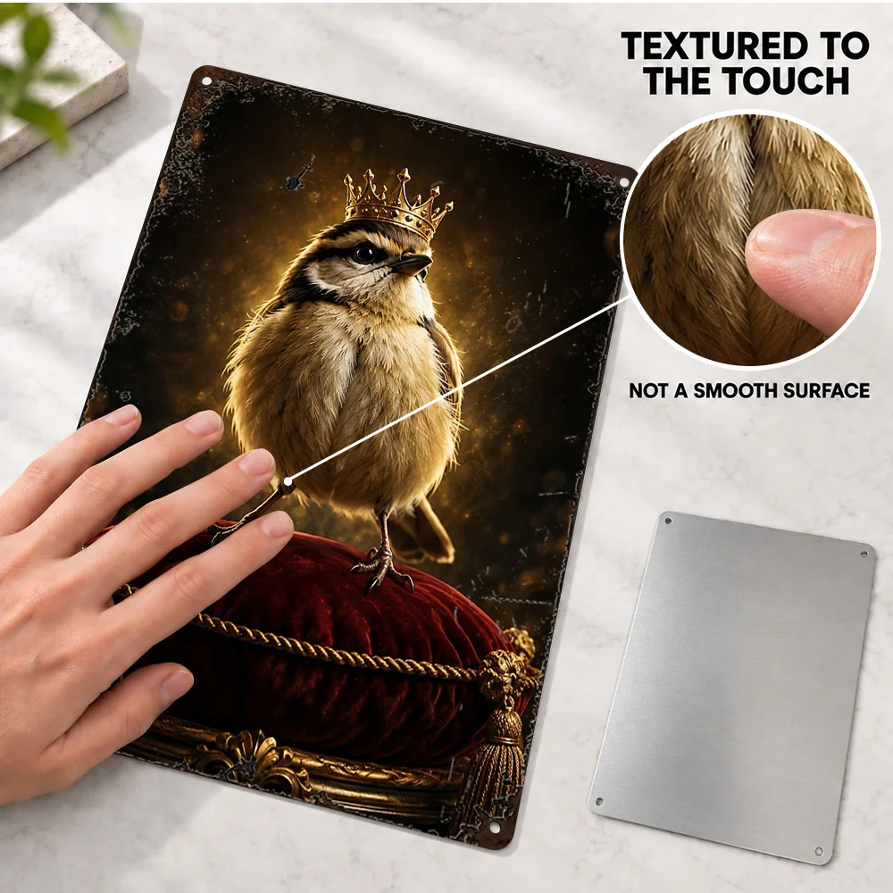 Tiny Crowned Bird Big Ego Printed Poster Animal Portrait Creative Workspace Wall Art Personalized Aluminum Metal Sign Fan Gift