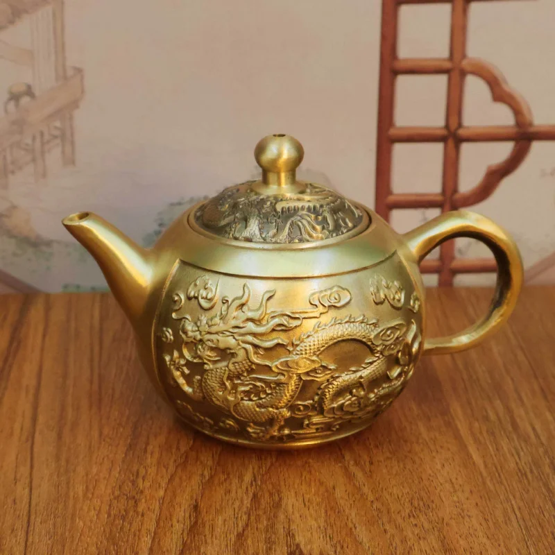 

Brass Dragon and Phoenix Teapot Set Six-Piece Tea Set Copper Landscape Teapot Ornament Full Set High-End Office Decorative Ornam
