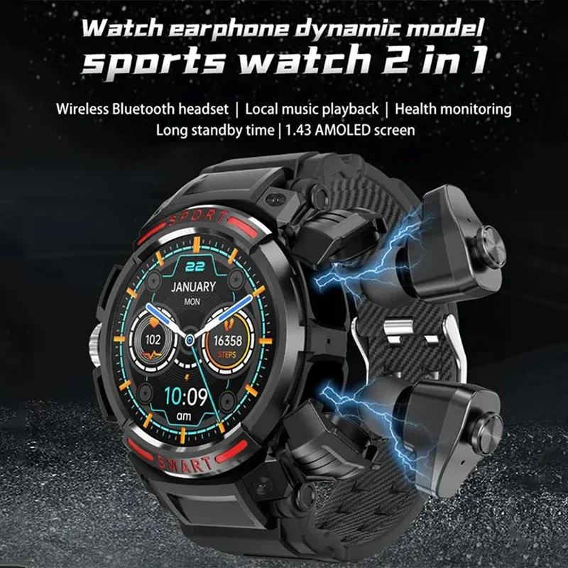 

New Smart Watch 2 In 1 TWS Bluetooth Call Wireless Headphones Health Monitoring Tracker 1.43" HD Music Men Sports Smartwatch
