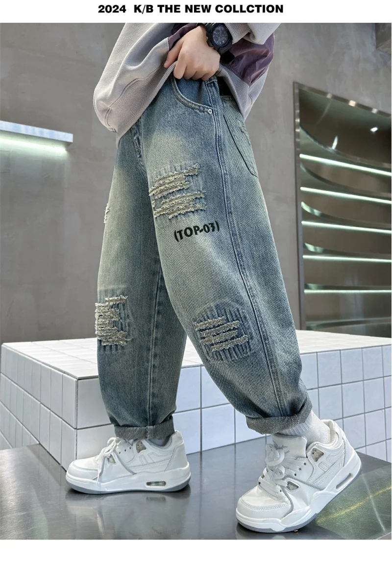 Herbst-Jungen-Jeanshosen Kinder Lose Denim-Hosen Teenager Mode Frühling Baggy Freizeithosen Kinderbekleidung 4-12 Jahre – Detail 5