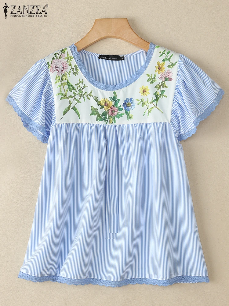 

Summer Floral Print Blouses ZANZEA Women Elegant Short Sleeve Work Shirt Casual O-Neck Striped Blusas Tunic Stylish Holiday Tops